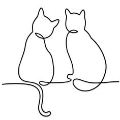 two cats sitting next to each other on top of a white surface with one cat looking at the other