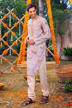 Lilac chanderi kurta with all over contrast Mughal palace print and multi color thread embroidered mandarin collar. Paired with contrast gathered churidar. - Aza Fashions Festival Sherwani With Printed Motifs In Straight Kurta Style, Eid Jamawar Kurta With Printed Motifs, Festival Sherwani With Printed Motifs, Navratri Sherwani With Printed Motifs, Designer Traditional Wear With Printed Motifs On Jamawar, Traditional Festive Sherwani With Printed Motifs, Traditional Chanderi Kurta With Printed Motifs, Traditional Jamawar Kurta With Printed Motifs, Traditional Kurta With Printed Motifs For Eid