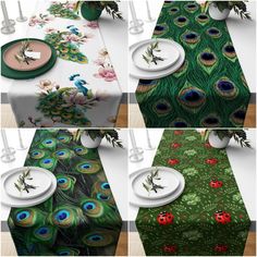 the table cloths are decorated with peacock feathers and ladybugs on them, along with white plates