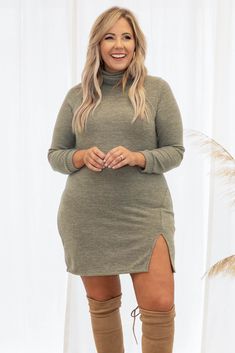 Dress, Long Sleeve, Slit, Olive, Turtle Neck, Comfy, Solid Dresses With Boots Fall, Plus Size Winter Dresses, Plus Size Sweater Dress, Chic Soul, Thick And Fit, Bold Earrings, African Clothing Styles, Outfit Inspiration Fall, Plus Size Sweaters