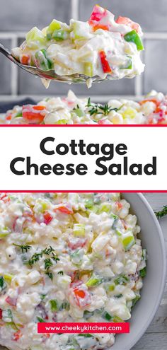 cottage cheese salad in a white bowl with a spoon on the side and text overlay that reads cottage cheese salad