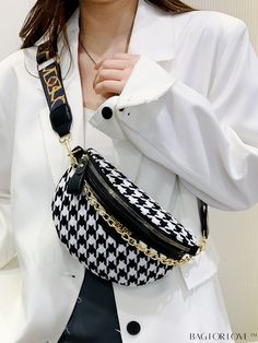 BagForLove - Houndstooth Waist Bag with Chain Decoration - Sleek & Stylish Chic Black Bag With Houndstooth Pattern, Trendy Houndstooth Shoulder Bag, Black Houndstooth Pattern Bag, Chic Black Houndstooth Pattern Bag, Casual Black Bag With Chain Strap, Casual Black Bag With Chain Detail, Casual Black Bag With Chain, Houndstooth Bag, Bag With Chain