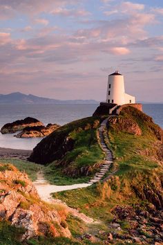 a white lighthouse sitting on top of a lush green hillside next to the ocean with steps leading up to it