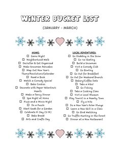 a winter bucket list with hearts and snowflakes