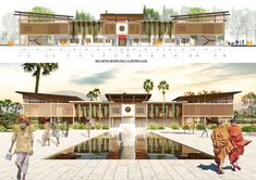 an architectural rendering of the front and side of a building with people walking around it