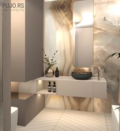 a modern bathroom with marble walls and flooring