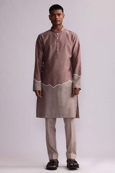 Rust chanderi kurta with patchwork patterns. Comes with pant. - Aza Fashions Chanderi Kurta, Kurta Men, Half And Half, Kurta With Pants, Patchwork Patterns, Pants Pattern, Mandarin Collar, Aza Fashion, Lehenga