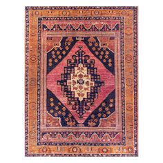 an antique rug with blue and red colors