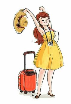 a woman in a yellow dress is holding her hat and standing next to a red suitcase