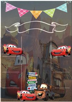 the cars are lined up in front of each other with banners above them that read, disney and pixama