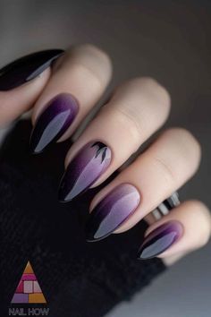 #Purple #Black #Colors #Combos #Style #Fashion Black Color Nails Designs, Sharp Purple Nails, Purple And Black Chrome Nails, Nails Dark Colors Designs, Smokey Purple Nails, Violet And Black Nails, Dark Purple Ombre Nails Glitter, Black And Violet Nails, Dark Purple Ombré Nails