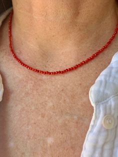 Our Red Coral tiny gemstone intention necklace absorbs negative energy and deters negative thoughts, promoting honesty, truthfulness and positivity. It helps you tap into your intuition, imagination and visualization supporting you in times of change and transformation. Coral will help you realize that through your struggles and hardships you end up finding the best lessons. It opens your heart and mind to new experiences. "I am full of positive energy and open to new experiences." Length is app Spiritual Red Necklace With Natural Stones, Red Gemstone Beaded Necklaces For Spiritual Purposes, Red Natural Stones Jewelry For Healing, Carnelian Single Strand Jewelry For Gifts, Red Carnelian Single Strand Necklace, Red Spiritual Jewelry With Gemstone Beads, Red Hand-strung Healing Jewelry, Red Hand-strung Jewelry For Healing, Red Gemstone Beaded Necklaces For Meditation