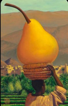 a painting of a woman carrying a large pear on her head in front of mountains