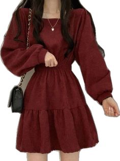 Casual Burgundy Dress For Fall, Casual Long Sleeve Burgundy Dress, Casual Long Sleeve Ruched Dress, Casual Ruched Dress For Fall, Fall Casual Ruched Dress, Casual Fall Dress With Ruched Details, Casual Burgundy Mini Dress For Spring, Vintage Manga, Sweetheart Neckline Dress