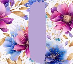 the letter u is surrounded by purple flowers and gold leaves on a light blue background