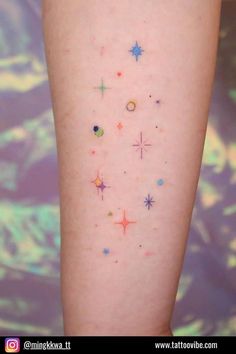 #BEAUTY, #RELATIONSHIPS #Fashion #Animals #Outfits #Winter Outfits #Animals Starry Arm Tattoo, Colored Sparkle Tattoo, Sprinkle Tattoo Design, Fine Line Colored Tattoo, Colorful Constellation Tattoo, Stars Sparkle Tattoo, Easy Color Tattoos, Rainbow Stars Tattoo, Watercolor Stars Tattoo