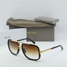 Introducing the Dita MACH-ONE DRX-2030B-G Gold/Black from OSSA FRAMES - the epitome of luxury and style in eyewear. This stunning aviator style frame combines a sleek gold metal frame with bold black lenses, making it the perfect accessory for the fashionable modern man. The Dita MACH-ONE DRX-2030B-G features a unique color combination of gold and black, exuding sophistication and elegance. The frame material is crafted from high-quality metal, ensuring durability and longevity. The lens color of black adds a touch of mystery and intrigue, making a bold statement wherever you go. With a lens socket width of 59, a temple length of 127, and a bridge size of 17, the Dita MACH-ONE DRX-2030B-G offers a comfortable and secure fit for all-day wear. This model is designed specifically for men, giv Mach One, Dita Sunglasses, Authentic Models, Anna Dello Russo, Rose Gold Frame, Shapes For Kids, Unique Color Combinations, Sunglasses Frame, Brown Sunglasses