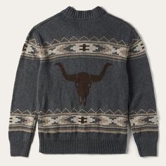 This grey zip-front cardigan sweater gives a nod to Stetson’s long-standing Western heritage with a Longhorn Steer motif alongside an Aztec-inspired print. It has two front hand pockets and a self-knitted collar, cuffs and waistband. Made from a wool blend, it provides warmth, comfort, and a dose of rugged style. Heathered Yarns Zip Front Self Knitted Collar, Cuffs, & Waistband Front Hand Pockets Exclusive Longhorn Steer & Aztec Pattern 60% Cotton, 30% Nylon, 10% Wool Imported Gray Jacquard Knit Winter Sweater, Gray Nordic Sweater For Fall, Gray Jacquard Knit Sweater For Winter, Gray Fair Isle Winter Outerwear, Gray Fair Isle Pattern Outerwear For Fall, Gray Fair Isle Sweater For Fall, Western Sweaters, Denim Boots, Casual Bottoms