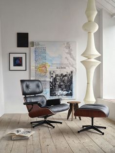 Vitra Lounge Chair and Ottoman in minimal setting Vitra Lounge Chair, Interior Design History, Lounge Chair Ottoman, Lounge Chair And Ottoman, Vitra Design, Chair Ottoman, Ray Eames, Eames Lounge