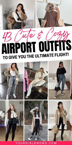 Travel in style with these 43 cozy and cute airport outfits. Perfect for your next flight, these outfits combine comfort and fashion to make your airport experience enjoyable and stylish.	classy airport outfit | comfy airport outfit | airport outfit aesthetic | trendy airport outfits | cute airport outfit | airport outfit inspo | airport outfit ideas | cozy airport outfit | chic airport outfit | casual airport outfit | airport fits Cute Comfortable Airport Outfits, Womens Airport Outfits Casual, Airport Outfit Fall 2024, Airplane Outfit Fall, Airport Outfit Fall Comfy, Casual Airport Looks Women, Chic Airport Outfit Classy, Airport Outfit 2024, Modest Airport Outfit