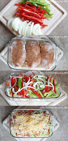 three trays filled with different types of food on top of each other, including meat and veggies