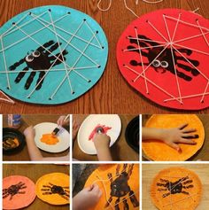 several pictures of handprinted paper plates with hands and fingers on them, one is holding