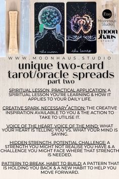 an advertisement for two card tarot / oracle spreads with instructions on how to use them