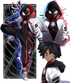 two anime characters in black and white outfits, one is wearing a red hoodie