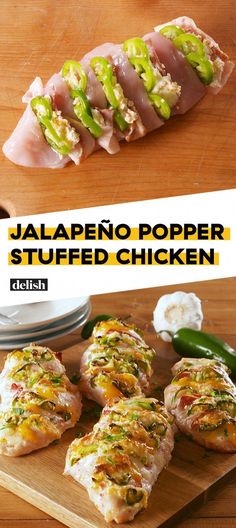 there are several different types of food on the cutting board and in front of them is an image of jalapeno popper stuffed chicken