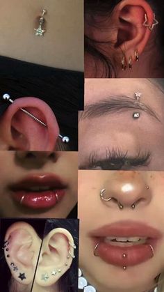 multiple pictures of different types of piercings on women's ears, nose and ear