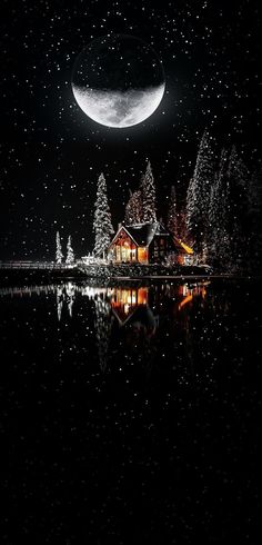 a night scene with the moon and stars in the sky over a house on a lake