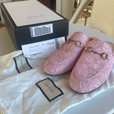 Authentic Gucci Princetown Mules/Loafers. Like New Condition. Worn Under 5 Times (Mainly In An Office). Comes With Two Dust Bags And Box. Sole Has Been Resoled By Professional To Protect Shoe And Limit Slipping. Color Of Lace Is Sugar Pink And Sits Atop A Neutral, Tan Leather. I Really Like These Shoes As I Also Have Them In Black Which Wear The Black More Often So Selling These. Reach Out With Questions Designer Slip-on Loafers For Spring, Luxury Flat Loafers For Spring, Designer Spring Slip-on Loafers, Designer Flat Loafers For Spring, Designer Loafers With Branded Heel Counter, Women's Luxury Gucci Loafers, Pink Leather-sole Loafers For Formal Occasions, Luxury Pink Leather Loafers, Elegant Gucci Loafers, Luxury