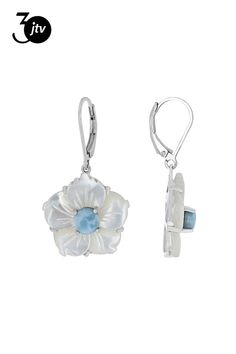 Pacific Style��� 20x20mm Carved Mother-of-Pearl & 6x6mm Round Cabochon Larimar Rhodium Over Silver Flower Earrings. Measures approximately 1.42"L x .77"W. Leverback closure. Finished under gallery. Mother Of Pearl Flower Jewelry For Anniversary, Anniversary Jewelry Mother Of Pearl Flower Shape, Anniversary Jewelry In Flower Shape With Mother Of Pearl, White Larimar Gemstone Jewelry, Anniversary Flower Shaped Mother Of Pearl Jewelry, White Larimar Round Jewelry, Elegant White Larimar Jewelry, Elegant Larimar Jewelry For Formal Events, Silver Flower Earrings