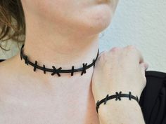 Stitched Neck Choker Stitched Wrist Bracelet Flexible 3D | Etsy Edgy Halloween Choker As A Gift, Adjustable Halloween Choker, Edgy Bracelets For Halloween Gift, Adjustable Choker For Halloween Cosplay, Adjustable Rave Choker As Gift, Adjustable Rave Choker For Gift, Adjustable Rave Choker For Gifts, Handmade Adjustable Choker For Cosplay, Handmade Edgy Choker For Halloween