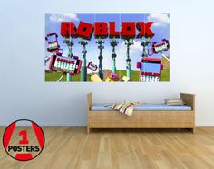 a room with a bed and two pictures on the wall above it that says roblox