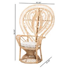 a wicker chair with a white pillow on the seat and measurements in front of it