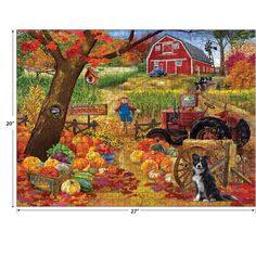 a puzzle with an image of a farm scene and a dog sitting in the pumpkin patch