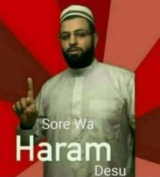 a man is giving the peace sign in front of a red and white background that says, sore wa haram desu