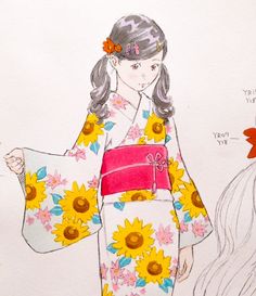 a drawing of a girl in a kimono with sunflowers