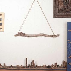 a piece of driftwood hanging from a rope in front of a wall with pictures on it