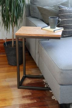 a living room with a couch, coffee table and potted plant on the floor