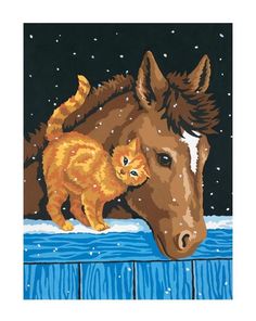 a painting of a horse with a cat on it's back in the snow