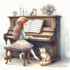 Elizabeth Kathryn Music Notes Decorations, Piano Girl, Cat And Kitten, Happy Child, Piano Art, Playing The Piano, Music Drawings, Upright Piano, Boy Illustration