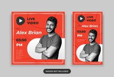 two flyers for an event with a man in grey shirt and red background, one has his arms crossed