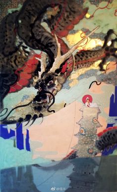 an abstract painting with black and red details on it's surface, including two dragon heads