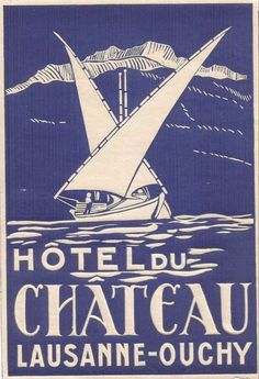 a blue and white poster with a sailboat in the ocean on it's side