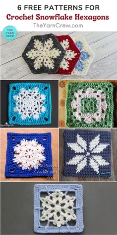 crochet snowflake hexagons are shown in four different colors