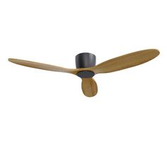 a ceiling fan with two wooden blades