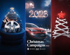 three christmas banners with cars and fireworks in the background, including a red car surrounded by snowflakes