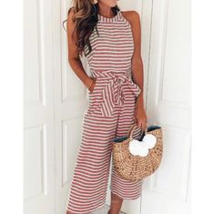 Sleeveless Bow Tie Wide Leg Loose Striped Jumpsuit Cruise Outfits For Women, Fashion Wide Leg Pants, High Waist Jumpsuit, Striped Jumpsuit, Loose Outfit, Casual Jumpsuit, Sleeveless Jumpsuits, Mode Inspiration, Wide Leg Jumpsuit